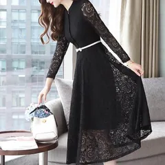 総レース ベルト付き パーティードレス パーティドレス 結婚式ドレス 結婚式のドレス 膝下 ミモレ ミモレ丈 袖あり 長袖 ハイネック 襟なし Aライン フレア レース ウエストリボン 透け感 シースルー かわいい 大人可愛い きれいめ カジュアル 大人 上品