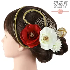 髪飾り 成人式 水引 振袖 袴 花 7点セット 赤 白 ゴールド オフホワイト 花 椿 菊 かすみそう 造花 組紐 玉飾り Ｕピン 和装 大 No.12-0955