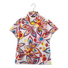 中古 レディース ラウドマウス LOUDMOUTH 半袖ポロシャツ L 白×ピンク シャガデリック柄