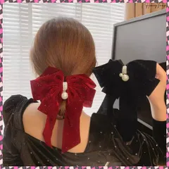 送料無料 ビッグリボンバレッタ韓国ヘアアクセサリー キラキラベロア 大きめリボン 髪飾り 大人可愛いファッション小物 フェイクパール付き おしゃれ 髪留め 流行りボリューム ヘアアレンジグッズ まとめ髪 バレッタ 髪飾りハーフアップ