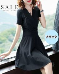 ＊新品＊ Vネック ワンピース 半袖 Aライン ブラック 黒 韓国 オシャレ 夏