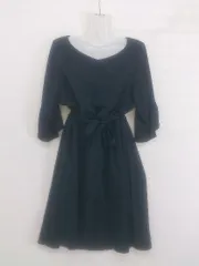 ◇ ◎ mysty woman フォーマル ノーカラー 七分袖 膝丈 ドレス ワンピース サイズF ネイビー系 レディース P  【1302230004223】