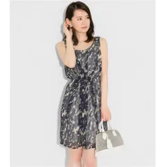 F【超美品】【 SENSE OF PLACE（ センスオブプレイス ）】シフォン幾何柄シアーワンピース Fサイズ ネイビー×イエロー×ホワイト ノースリーブ ウエストゴム フレア シースルー 夏 リゾート カジュアル 大人可愛い KKB-9