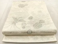 5k1513 袋帯　絹　プラチナ二重箔　花宴胡蝶文　唐織　白　銀色　花柄　和装 4k2310 袋帯絹プラチナ銀箔二重織正倉院文様華文銀色白花柄