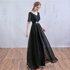 ロングドレス 演奏会 袖付き 黒 赤 フォーマル ワンピース 結婚式 演奏会用ドレス 袖あり パーティードレス ロング 袖あり 体系カバー 発表会 イベント レッド ブラック Vネック 3XL M da372s1