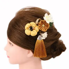 髪飾り 成人式 つまみ細工 振袖 前撮り 袴 花 浴衣 夏祭り 花火大会 3点セット 黄色 ライトブラウン キャメル 白 ゴールド ち No.9-4205