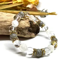 パワーストーン ブレスレット ラブラドライト&水晶&クラック水晶 天然石ブレスレット （ゴールド）8mm レディース 女性  数珠ブレス 開運 プレゼント ギフト  [d]