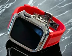 シルバー&レッド　アップルウォッチ ラバーベルト カバー　ケース メンズ レディース 38mm 40mm 41mm 42mm 44mm 45mm　メンズ レディース Apple Watch スポーツバンド