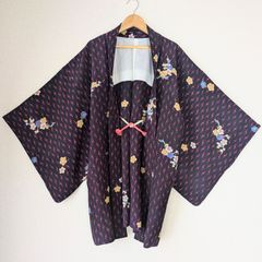 Japanese Vintage Haori Long Chirimen Plum tree Pattern Silk Kimono Gown Old-ⅽloth 長羽織 羽織 正絹 縮緬 濃い紫 梅の木 古布 時代布 一点物 大正浪漫 和洋折衷