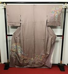 【中古】 Mサイズ 付け下げ 正絹 付下げ訪問着 袷着物 白茶色地に枝花模様 