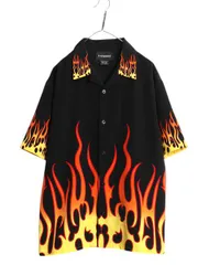 【お得なクーポン配布中!】 90s 00s ファイヤー パターン 総柄 オープンカラー 半袖 チカーノ シャツ メンズ M / 古着 オールド 開襟 フレイム メキシカン ボックス 黒