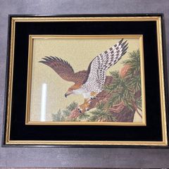 鷹 松 刺繍 絵画 アート 昭和レトロ 影掛け 壁飾り 額縁 額装 額付