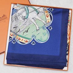 HERMES エルメス カレ90「LA VIE A CHEVAL」馬上の生活 ネイビー系 シルク スカーフ レディース