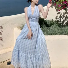 ワンピース レディース ロング 韓国 ホルターネック ロングワンピース ティアード マキシ チェック柄 シフォン フレア ブルー かわいい おしゃれ セクシー バカンス 夏 ノースリーブ ハイウエスト