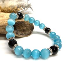 キャッツアイ(ライトブルー)×オニキス パワーストーン ブレスレット  (シルバー) メンズ・レディース　男性・女性　数珠ブレス 開運 [23]