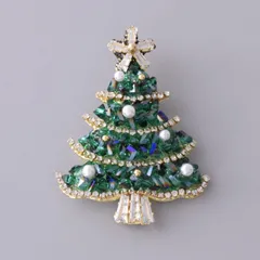 【ラグジュアリー】クリスマスブローチ ツリー 緑 ビジュー＆パール ゴールド 華やかデザイン