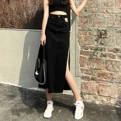 ☆ ブラック ☆ L ☆ デニムスカート スリット おしゃれ デニムスカート タイトスカート スリット レディース ロングスカート ロング丈スカート レディーススカート スカート ロンスカ タイト デニム 長め ボタン ロング ロング丈 シンプル