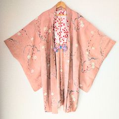 Japanese Vintage Haori Long Chirimen Pink Sakura Pattern Silk Kimono Gown Old-ⅽloth 長羽織 羽織 正絹 縮緬 桜色 枝垂れ桜 古布 時代布 一点物 大正浪漫 和洋折衷