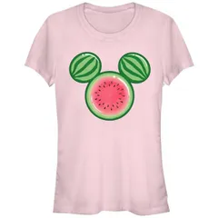 【送料無料】 ディズニー レディース Tシャツ トップス Disney's Mickey Mouse Watermelon Head Juniors' Graphic Tee Light Pink