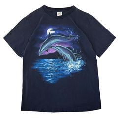 Lサイズ 古着 90s USA製 イルカ アート Tシャツ ヴィンテージ シングルステッチ ネイビー