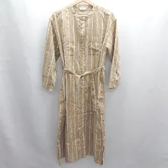 ◇ ⊂ BEAMS HEART ビームス ハート ストライプ柄 ウエスト紐 長袖 ロング ワンピース サイズ表記なし キャメル ホワイト レディース E  【1503060019573】