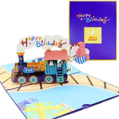 【数量限定】立体 3Dケーキ お誕生日おめでとうカードをポップアップ 誕生日メッセージカード手作りギフト 親戚、恋人、両親、教師、友達、子供たちへ バースデーカード 誕生日カード 封筒付き (列車)