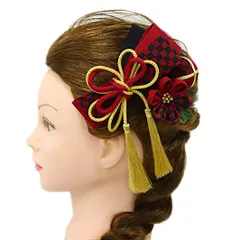 髪飾り リボン 卒業式 袴 成人式 つまみ細工 赤 振袖 前撮り 3点セット 臙脂 黒 ゴールド ちりめん 玉飾り 房 房付き 組紐 市 No.9-5032