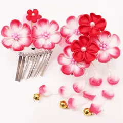 七五三 髪飾り 三歳 七歳 日本髪 つまみ細工 赤 花 2個セット ピンク パッチン留め かんざし ちりめん ビラ お正月 髪型 ヘア No.9-4108