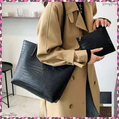 送料無料 クロコ型押し トートバッグ 2点セット レディース クロコダイル柄 肩掛けバッグ 大容量 フェイクレザー 通勤バッグ A4収納 手提げ エコレザー カバン 大人 ポーチ付き トート カジュアル 合皮鞄 上品カバン 韓国風