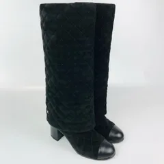 美品★CHANEL・シャネル レディース スエードレザー マトラッセ ハート 四葉のクローバー メタルココマーク ロングブーツ(35)イタリア製 レディースブーツ ブーツ 秋冬物 カジュアル ブラック 靴 ブランド