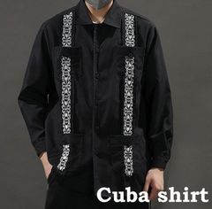 開襟シャツ キューバシャツ 長袖 メンズ ボーリングシャツ 刺繍 無地 アメリカン レトロシャツ