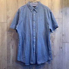 TOMMY HILFIGER 半袖シャツ ボタンダウン 総柄 ロゴマーク ネイビー【メンズXL】