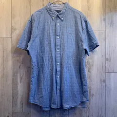 TOMMY HILFIGER 半袖シャツ ボタンダウン 総柄 ロゴマーク ネイビー【メンズXL】