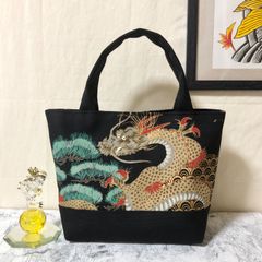 和柄ミニトートバッグ 龍&鶴 ブラック ハンドメイド メンズ レディース ストリート ハンドバッグ