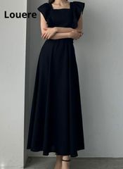Louere ルエレ バックリボン フリル ロングワンピース 黒