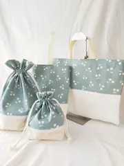 爽やかブルーカラーのさくらんぼ入園入学セット　ハンドメイド　ヌビキルト　通園バッグ　上靴袋　給食袋　着替え袋　レッスンバッグ　巾着袋　弁当袋