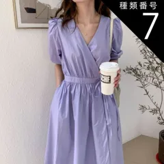 種類7：ライトブルー/L ワンピース ワンピドレス 膝下 ロング ロング丈 袖あり 半袖 パフスリーブ 萌袖 カシュクール 襟なし セミフレア Aライン ウエストリボン ポケット ハイウエスト 綿 リネン かわいい 大人可愛い シンプル カジュアル 大人 おし