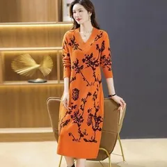 【オレンジ色★Ｌサイズ】長袖 Vネック ひざ丈 ニット　ワンピース　おしゃれ Ａライン　体型カバー  ゆったり　大きめ