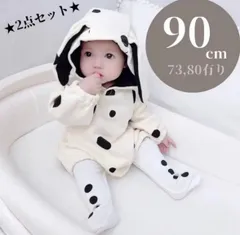 新品⭐️ダルメシアン ロンパース 赤ちゃん 90 ベビー タイツ パジャマ 寝巻き タイツ 犬 ドット モノトーン 白黒 帽子 フード 保育園着 綿 コットン