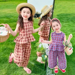セットアップ 上下セット 子供服 チェックセット 女の子 女児 小学生  ブラウス ノースリーブ ワイドパンツ　セット トップス 長ズボン ロングパンツ キッズ  可愛い  おしゃれ カジュアル 90cm 100cm 110cm jinrui08