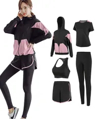 【在庫処分】5点セット 伸縮性 通気 上下 吸汗速乾 ランニングウェア フィットネス トレーニングウェア ジャージ スポーツブラ ヨガウェア ロングタイツ レディース パーカー 半袖 スポーツウェア 短パンツ [DawnRain] 春夏秋冬