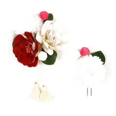 髪飾り 成人式 赤 振袖 前撮り 袴 花 2点セット 白 ピンク ゴールド 房 房付き 玉飾り タッセル ベロア 大きい かんざし かわ No.8-2678