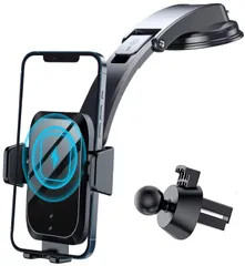 スマホホルダー 車載ホルダー ワイヤレス充電器 携帯ホルダー 車【エンジン切っても自動開閉/15W急速充電】2in1 車ホルダー 粘着ゲル吸盤＆エアコン吹き出し口式兼用 スマホスタンド 車 【2024改善型】車 すまほほるだー 360度回転 落下防止 携帯スタ