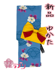 LY1059LBU　«花ラブリ»　新品　レディース　浴衣単品　ゆかた　キスミス　水色　ライトブルー　花　竹垣模様　和風　和柄　和装　和服