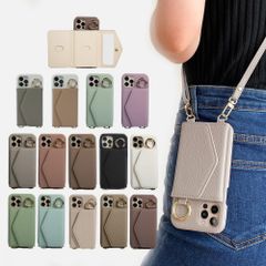 【人気商品】ミラー付き リング付き 斜めかけ カード収納 肩掛け 背面ポケット 鏡付き 背面カード収納 財布付き 背面手帳型 携帯ケース マグネットなし タイプ レザー ショルダー スマホケース ストラップ付き iphone14
