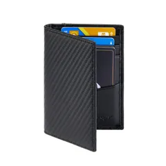 【新着商品】カーボンレザーブラック カード9枚収納 薄型 カードケース 二つ折り パスケース 本革 メンズ 定期入れ [LUCKYSGY]