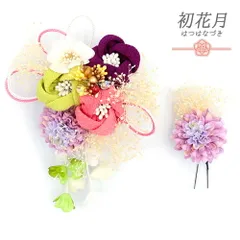 髪飾り 成人式 つまみ細工 振袖 袴 2点セット 花 ピンク 黄緑 紫 白 ゴールド 組紐 下がり かすみそう ブリザーブドフラワー ビ No.12-0676