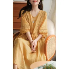 ☆ イエロー ☆ Mサイズ ☆ ワンピース Aラインワンピース きれいめ ワンピース Aライン 七分袖 レディース ワンピ リゾートワンピ リゾートワンピース aラインワンピース Aラインスカート 綿 コットン パフスリーブ Vネック レース