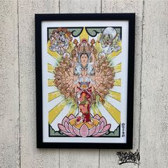 尾九 吉祥画 千手観音風神雷神 A4サイズ フレーム付き