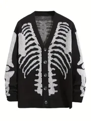 メンズ カーディガン セーター Vネック 長袖 スケルトンプリント ボタンダウン カジュアル 秋冬 プラスサイズ トレンド おしゃれ 人気 防寒
